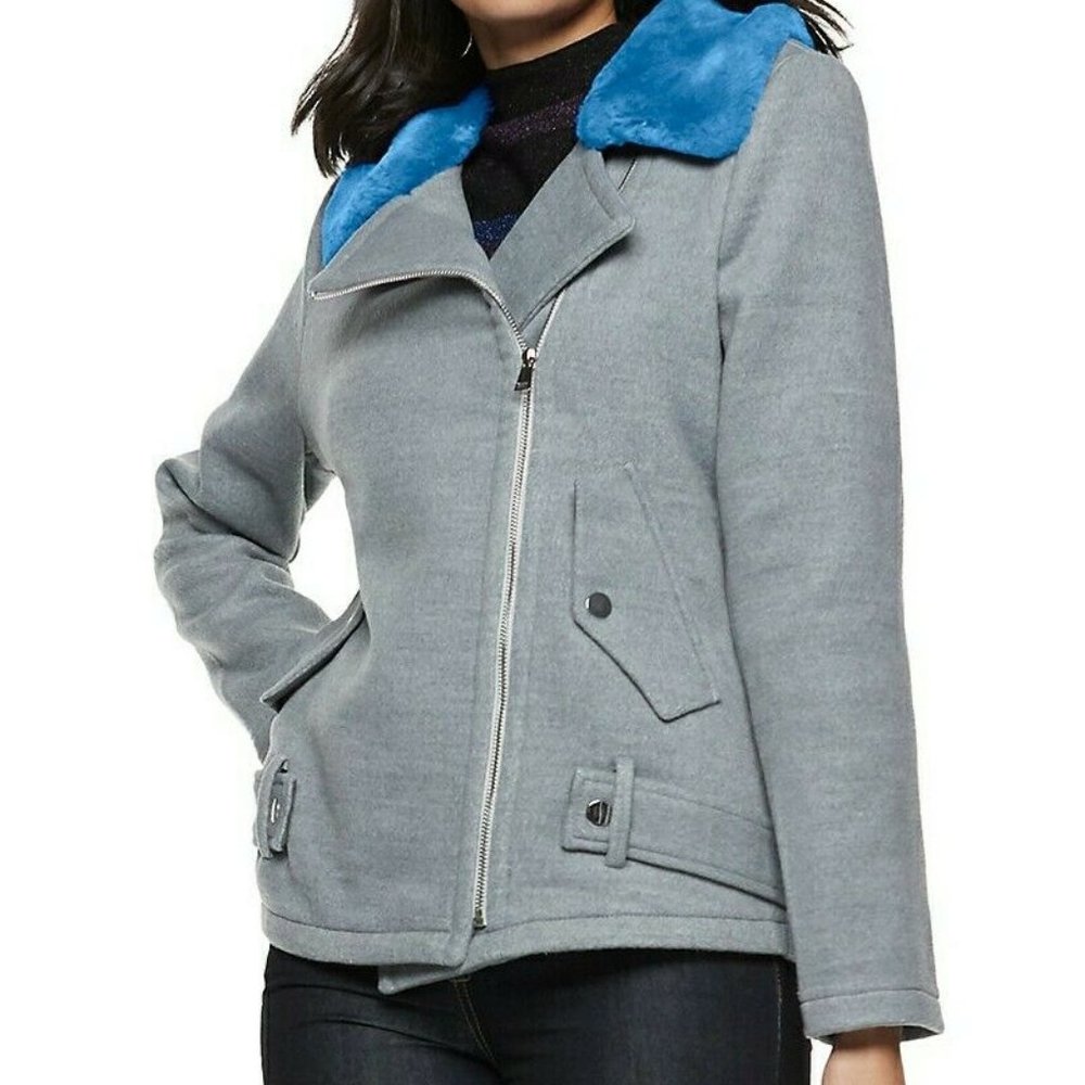NWT Nine West Blue Faux Fur Collar Gray Moto Coat